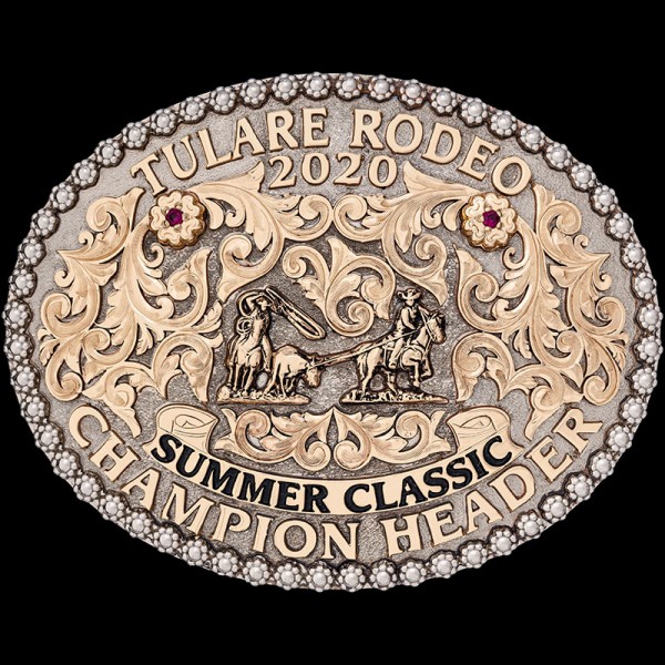 The Albury Custom Belt Buckle features  a bronze bead edge and splendid scrollwork in a classic rodeo oval shape. Personalize it now!